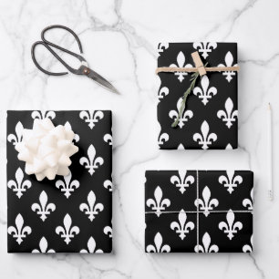 Fleur de Lis Pattern, Royal French, White on Black Wrapping Paper Sheet