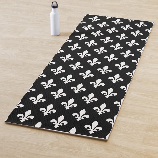 Fleur de Lis Pattern, Royal French, White on Black Yoga Mat (In Situ)