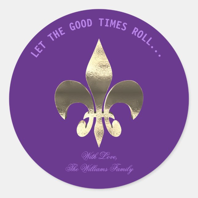 Fleur-de-Lis Purple Typography Mardi Gras Classic Round Sticker (Front)