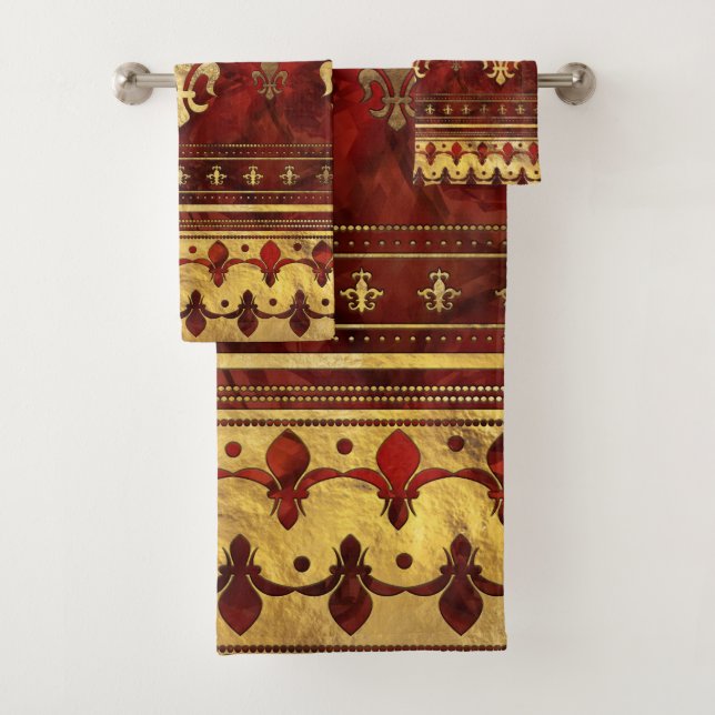 Fleur-de-lis Red Marble and Gold Bath Towel Set (Insitu)
