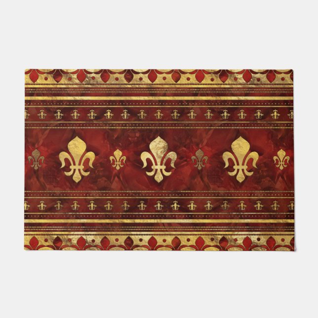 Fleur-de-lis Red Marble and Gold Doormat (Front)