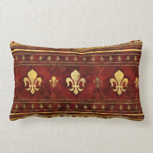 Fleur-de-lis Red Marble and Gold Lumbar Pillow