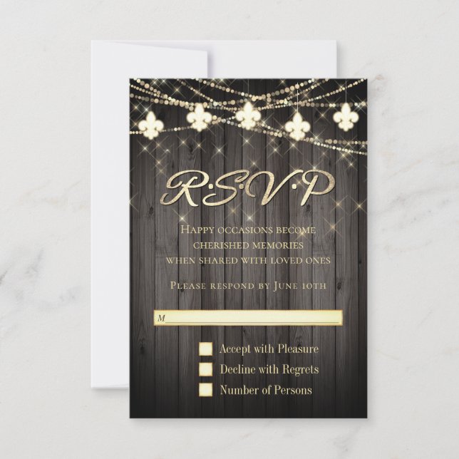 Fleur de Lis Rustic Lights | Wood Boho Chic RSVP Card (Front)