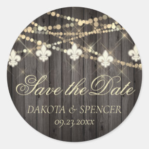 Fleur de Lis Rustic Lights   Wood Save the Date Classic Round Sticker