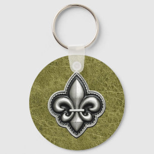 Fleur de Lis Silver on Green Leather Look Keychain