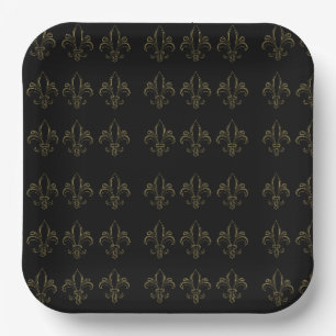 Fleur De Lis Simple Elegant Black and Gold  Paper Plate
