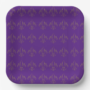 Fleur De Lis Simple Elegant Purple and Gold  Paper Plate