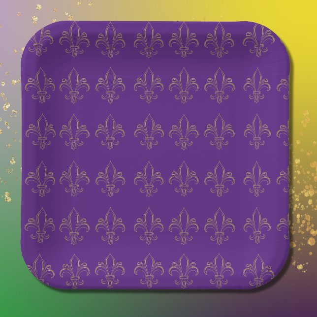 Fleur De Lis Simple Elegant Purple and Gold  Paper Plate (Creator Uploaded)