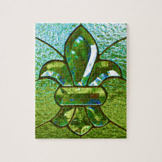 Fleur De Lis Stained Glass Green Jigsaw Puzzle