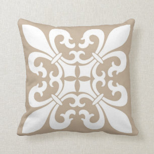Fleur de Lis Symbols in White on Tan Throw Pillow