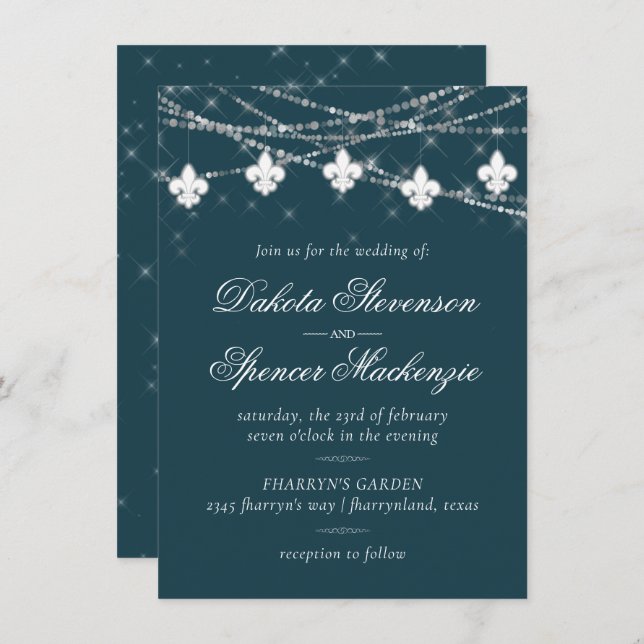 Fleur de Lis Teal Lights | Moody Dark Wedding Invitation (Front/Back)