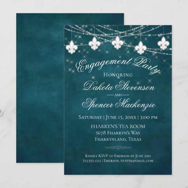 Fleur de Lis Teal Lights | Moody Engagement Party Invitation (Front/Back)
