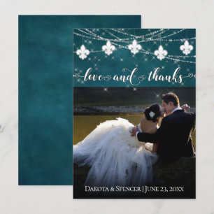 Fleur de Lis Teal Lights   Photo Heart Love and Thank You Card