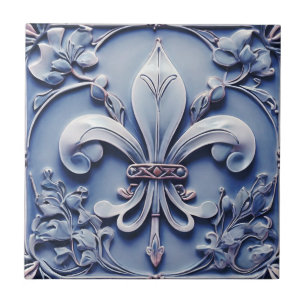 Fleur de Lis Vintage Antique Blue Faux Relief Tile