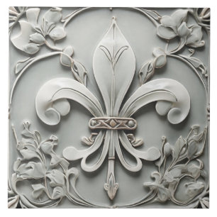 Fleur de Lis Vintage Antique Grey Faux Relief Tile
