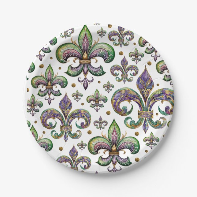  Fleur de lis Watercolor Mardi Gras Vibes Paper Plate (Front)