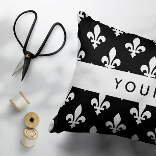 Fleur de Lis, White on Black, White, Your Name Accent Pillow