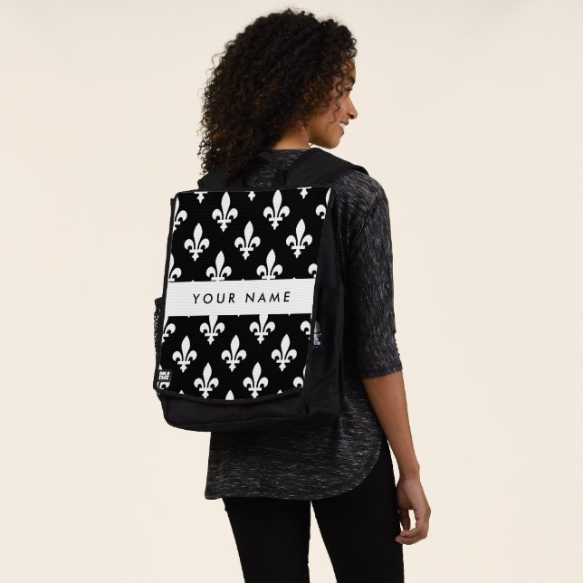 Fleur de Lis, White on Black, White, Your Name Backpack (Worn)