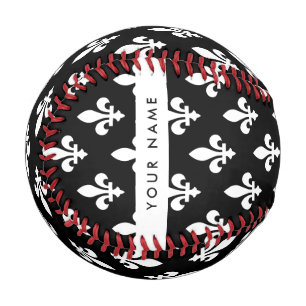 Fleur de Lis, White on Black, White, Your Name Baseball