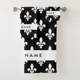 Fleur de Lis, White on Black, White, Your Name Bath Towel Set