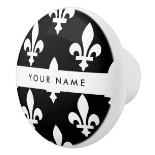 Fleur de Lis, White on Black, White, Your Name Ceramic Knob