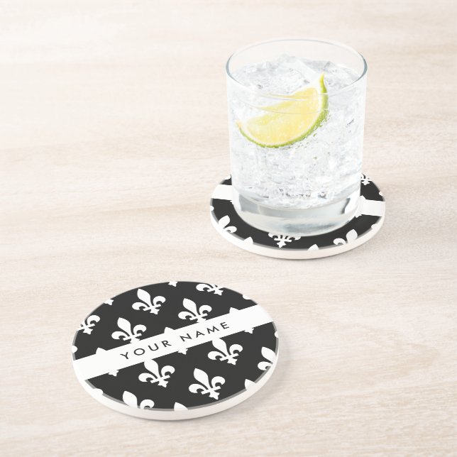 Fleur de Lis, White on Black, White, Your Name Coaster (Side)