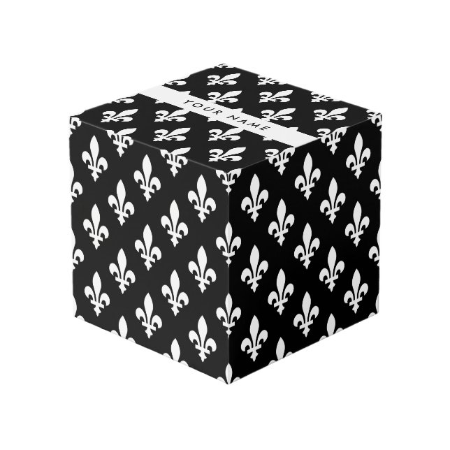 Fleur de Lis, White on Black, White, Your Name Cube (Front Angled)