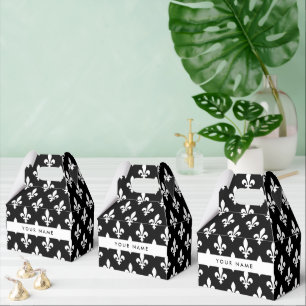 Fleur de Lis, White on Black, White, Your Name Favor Box