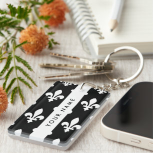 Fleur de Lis, White on Black, White, Your Name Keychain