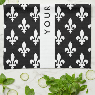 Fleur de Lis, White on Black, White, Your Name Kitchen Towel