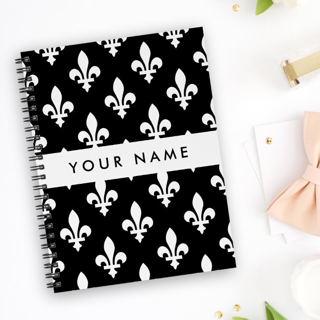 Fleur de Lis, White on Black, White, Your Name Notebook (Creator Uploaded)