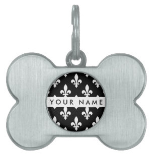Fleur de Lis, White on Black, White, Your Name Pet ID Tag