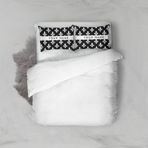Fleur de Lis, White on Black, White, Your Name Pillowcase