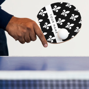 Fleur de Lis, White on Black, White, Your Name Ping Pong Paddle