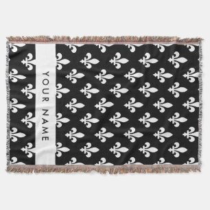 Fleur de Lis, White on Black, White, Your Name Throw Blanket
