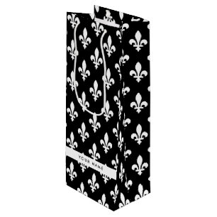 Fleur de Lis, White on Black, White, Your Name Wine Gift Bag