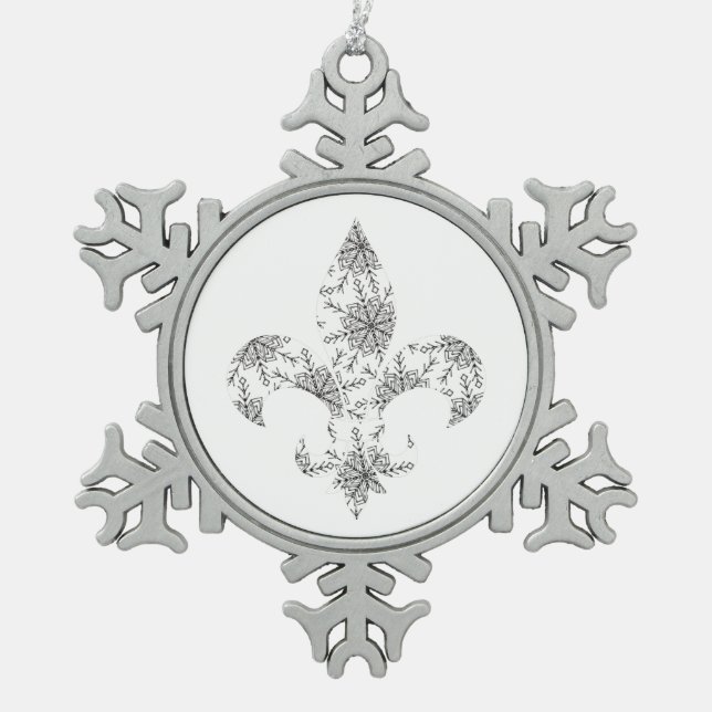 Fleur de Lis with Snowflakes on Snowflake Pewter Christmas Ornament (Front)