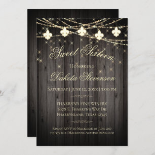 Fleur de Lis Wood Lights   Rustic Birthday Party Invitation