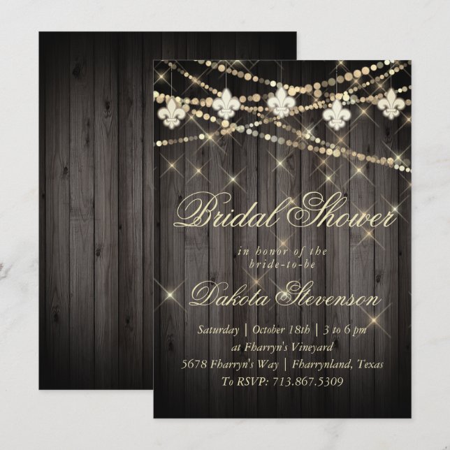 Fleur de Lis Wood Lights | Rustic Shower Invitation (Front/Back)