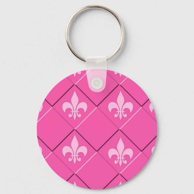 Fleur de lys and squares pink pattern keychain (Front)