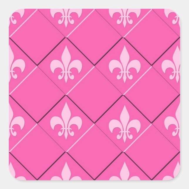 Fleur de lys and squares pink pattern square sticker (Front)