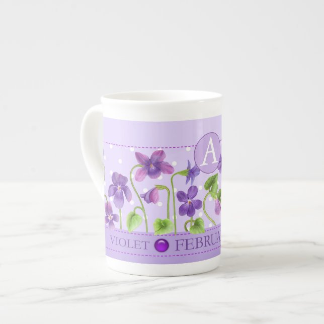 Fleur de naissance et Gem Février Bone China Mug (Devant gauche)