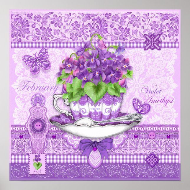 Fleur de naissance et Gem Février Poster de thé (Devant)