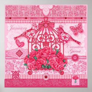 Fleur de naissance et Gem Janvier Poster d'oiseaux