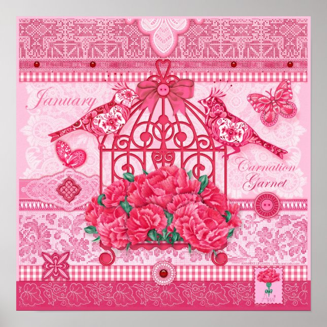 Fleur de naissance et Gem Janvier Poster d'oiseaux (Devant)