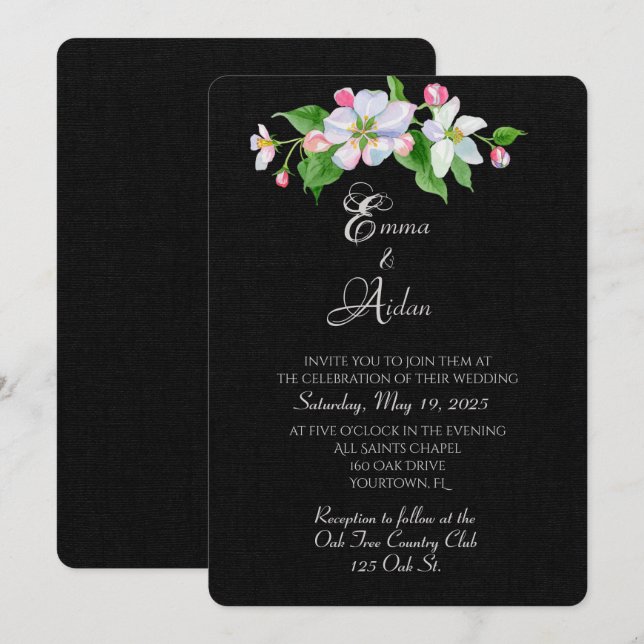 fleur de pomme sur invitation mariage noir (Devant / Derrière)