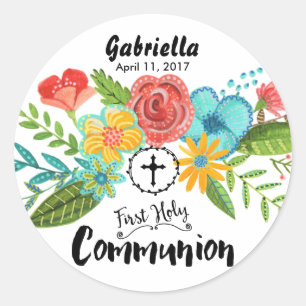 Fleur de première communion   Autocollant rond