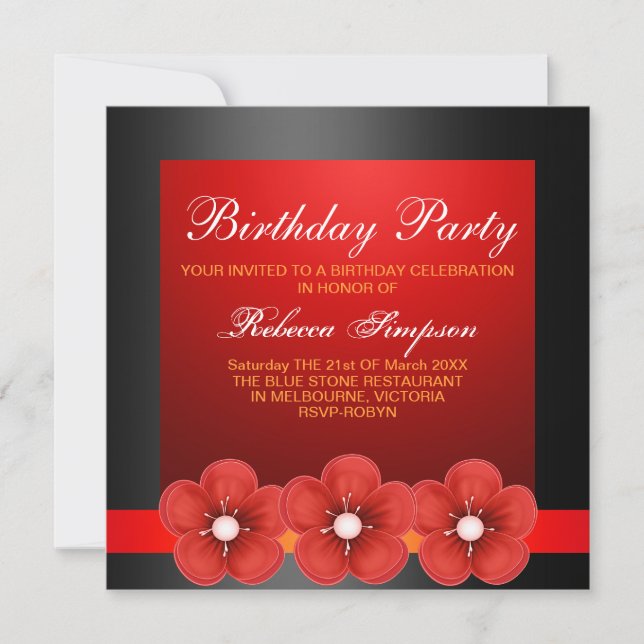 Fleur de printemps Design noir/rouge Invitation d' (Devant)