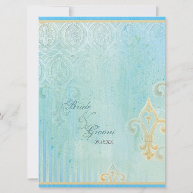 Fleur di Lys Damask 2 Blue - Faire-part de mariage (Devant)