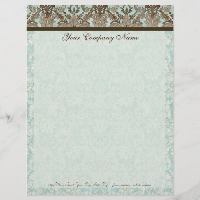 Fleur di Lys Damask Aqua & Brown Stationery (Front)